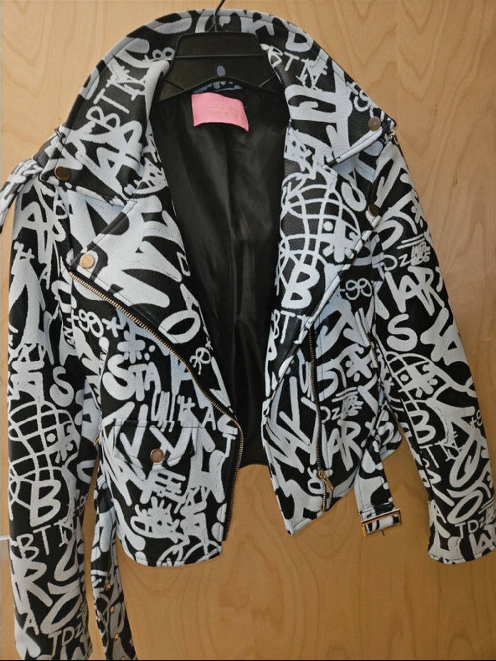 Women's Black & White Graffiti Print Biker Jacket